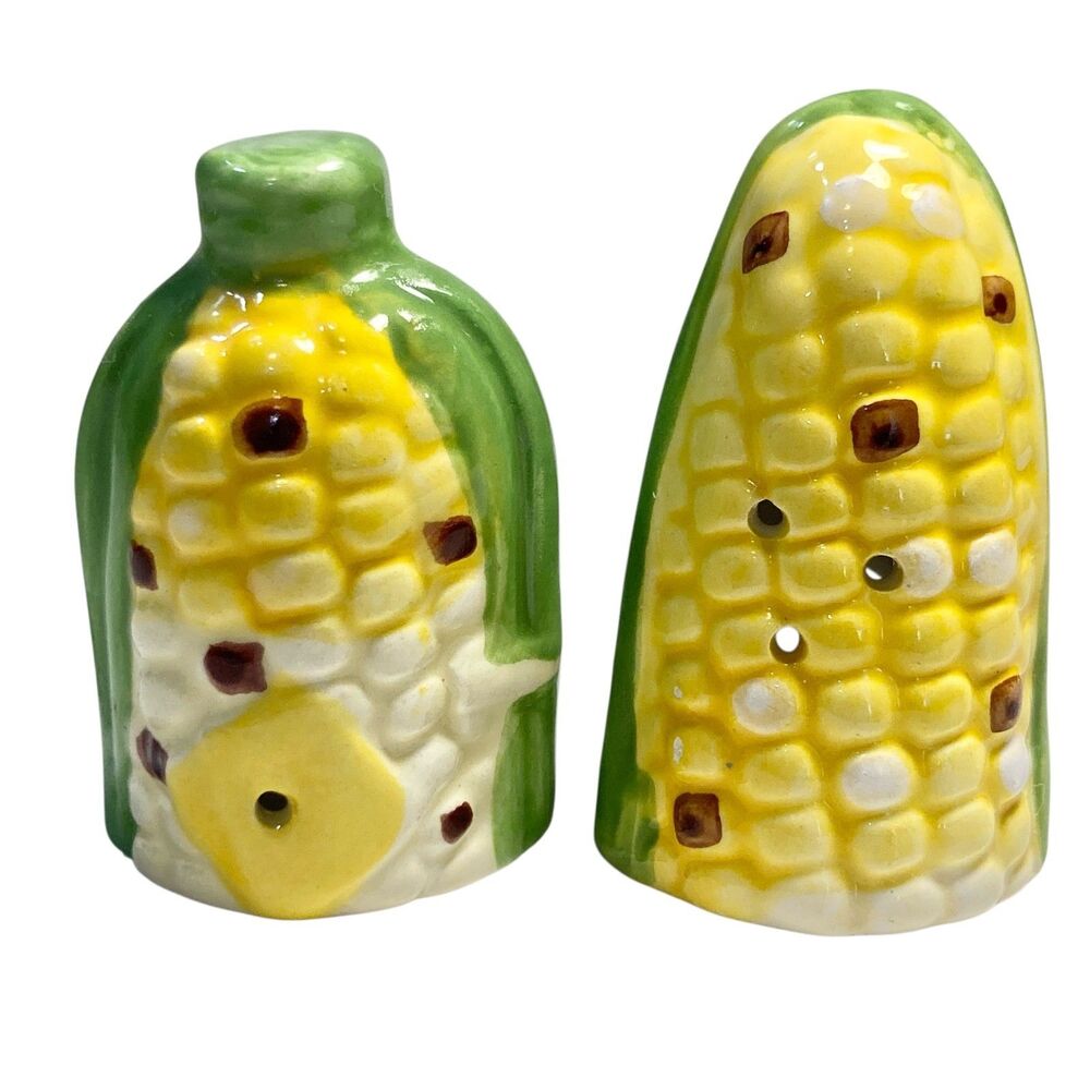 Vintage Ceramic Corn on the Cob Salt & Pepper Shaker Pair Yellow Green Kitschy